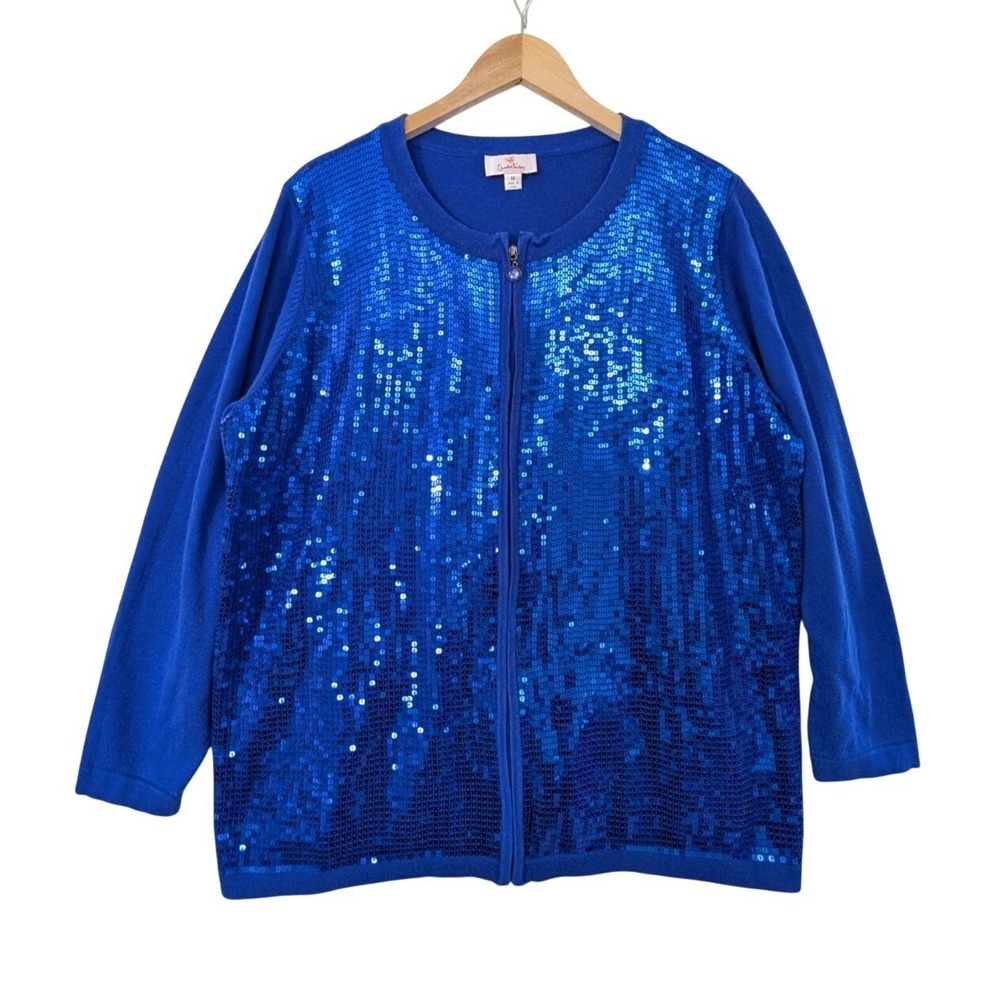 Quacker Factory Cardigan Sweater Women 1X Blue Sequin Full Zip Patriotic Festive